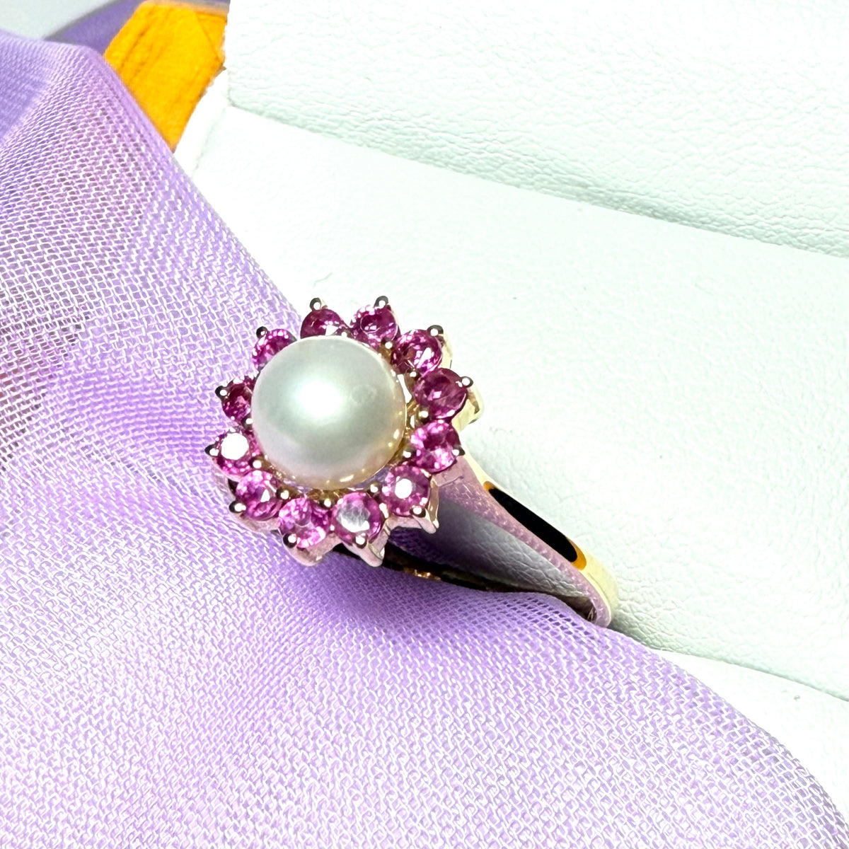 Cultured pearl and ruby yellow gold round cluster ring