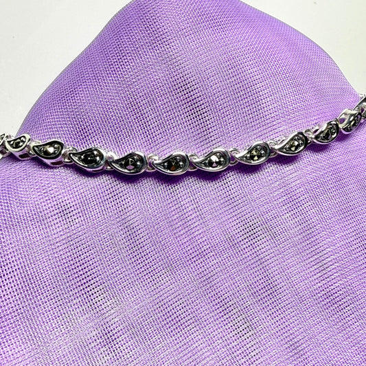 Fancy tear shaped link real marcasite sterling silver bracelet