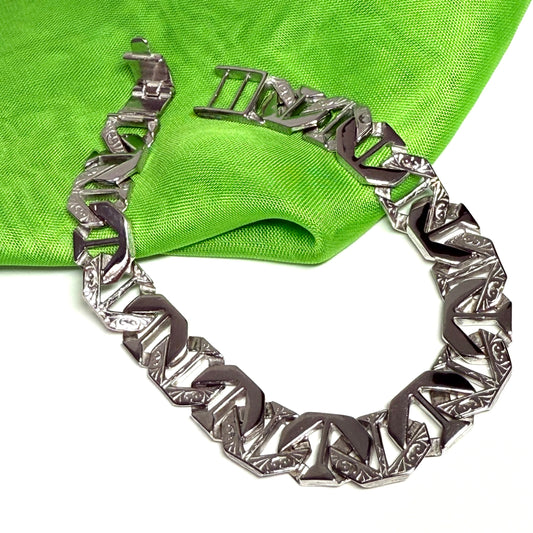 Men's solid sterling silver solid part patterned bark effect half polished curb bracelet