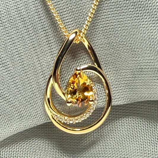 Necklace real yellow pear cut citrine and real cubic zirconia and round sterling silver with yellow gold plating