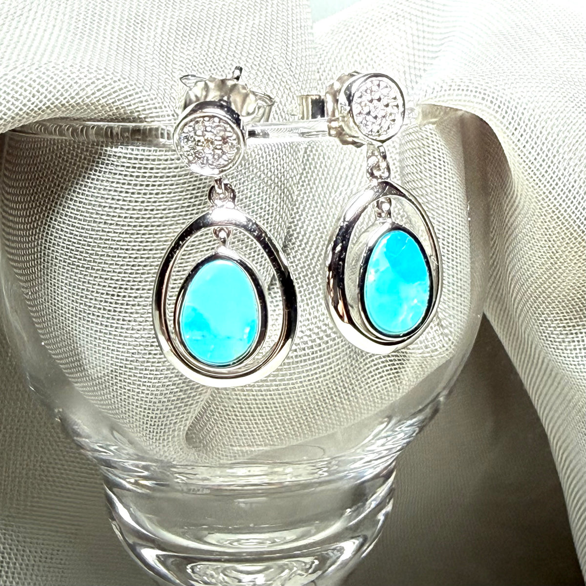 A pair of blue green turquoise oval sterling silver drop earrings double oval