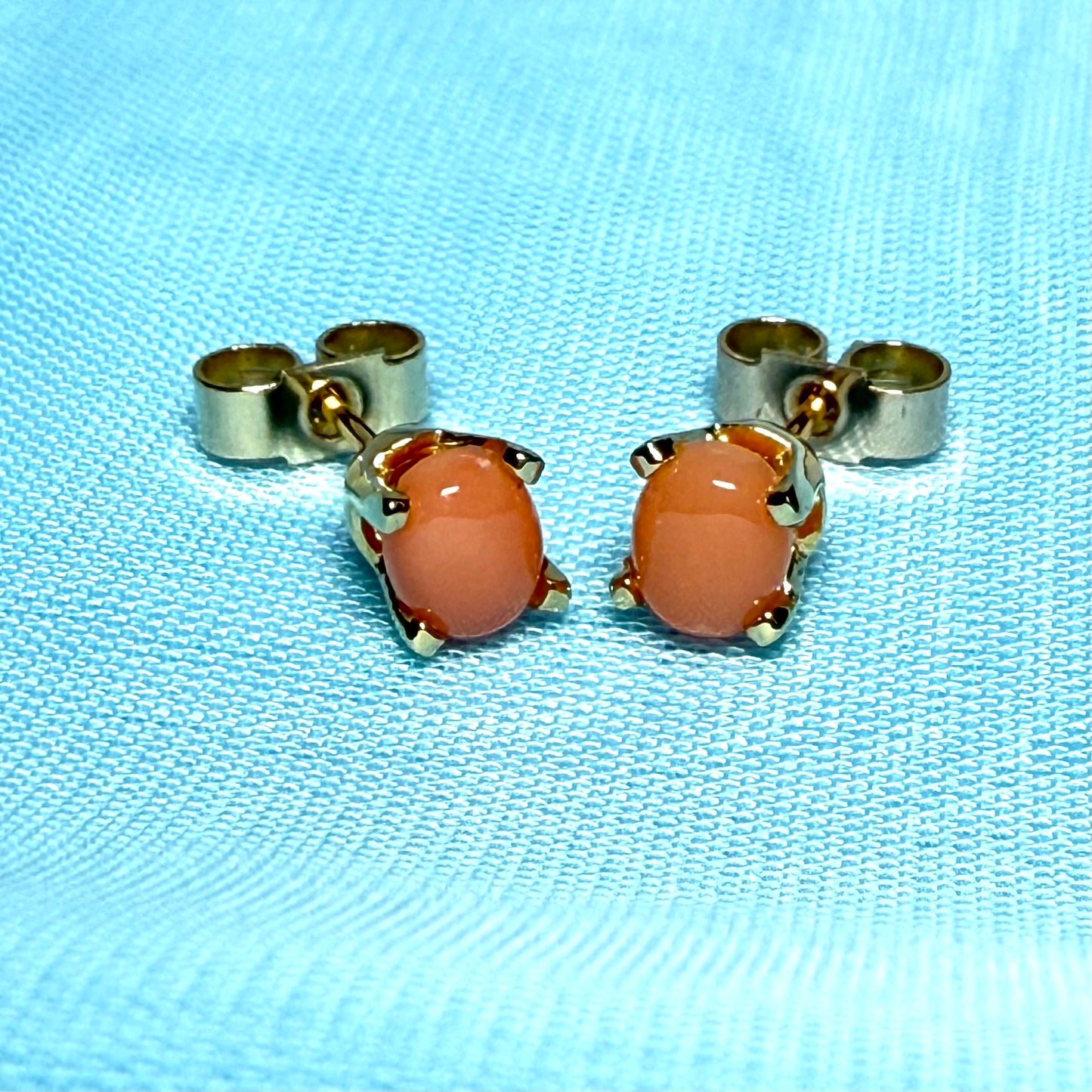 A pair of oval shaped real coral stud earrings yellow gold four claw set