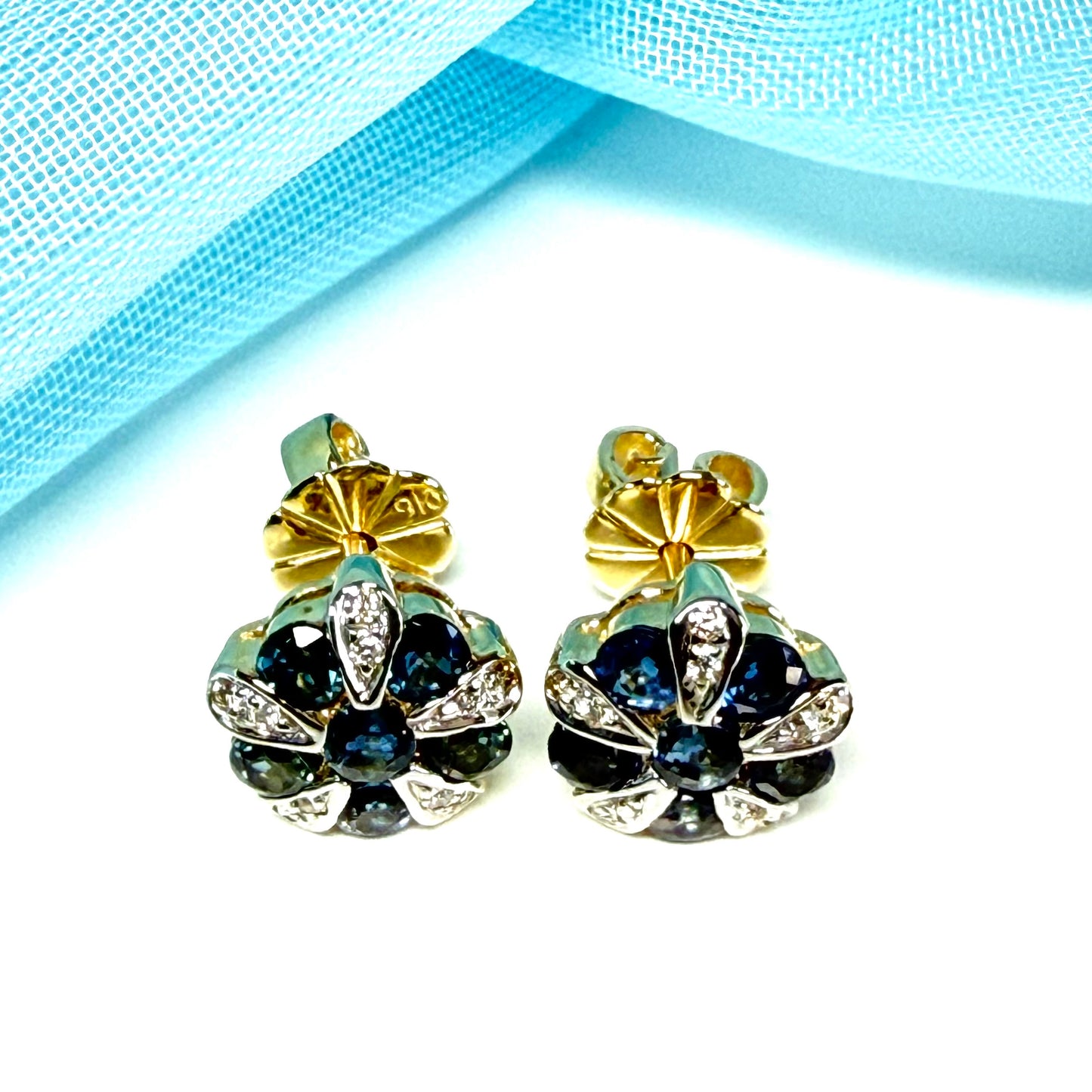 Real blue sapphire and real diamond round cluster stud earrings yellow gold