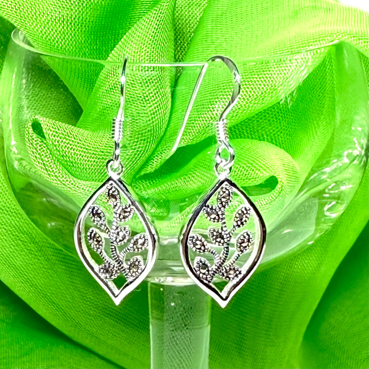 Pair of real marcasite drop earrings marquise shaped sterling silver leaf design