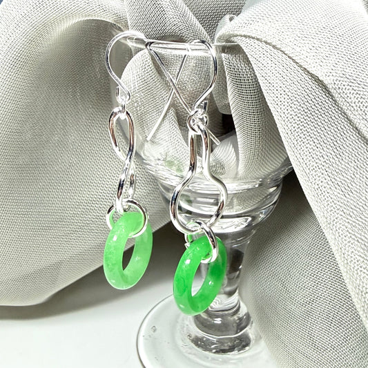 Round real green jade sterling silver dangling dropped earrings