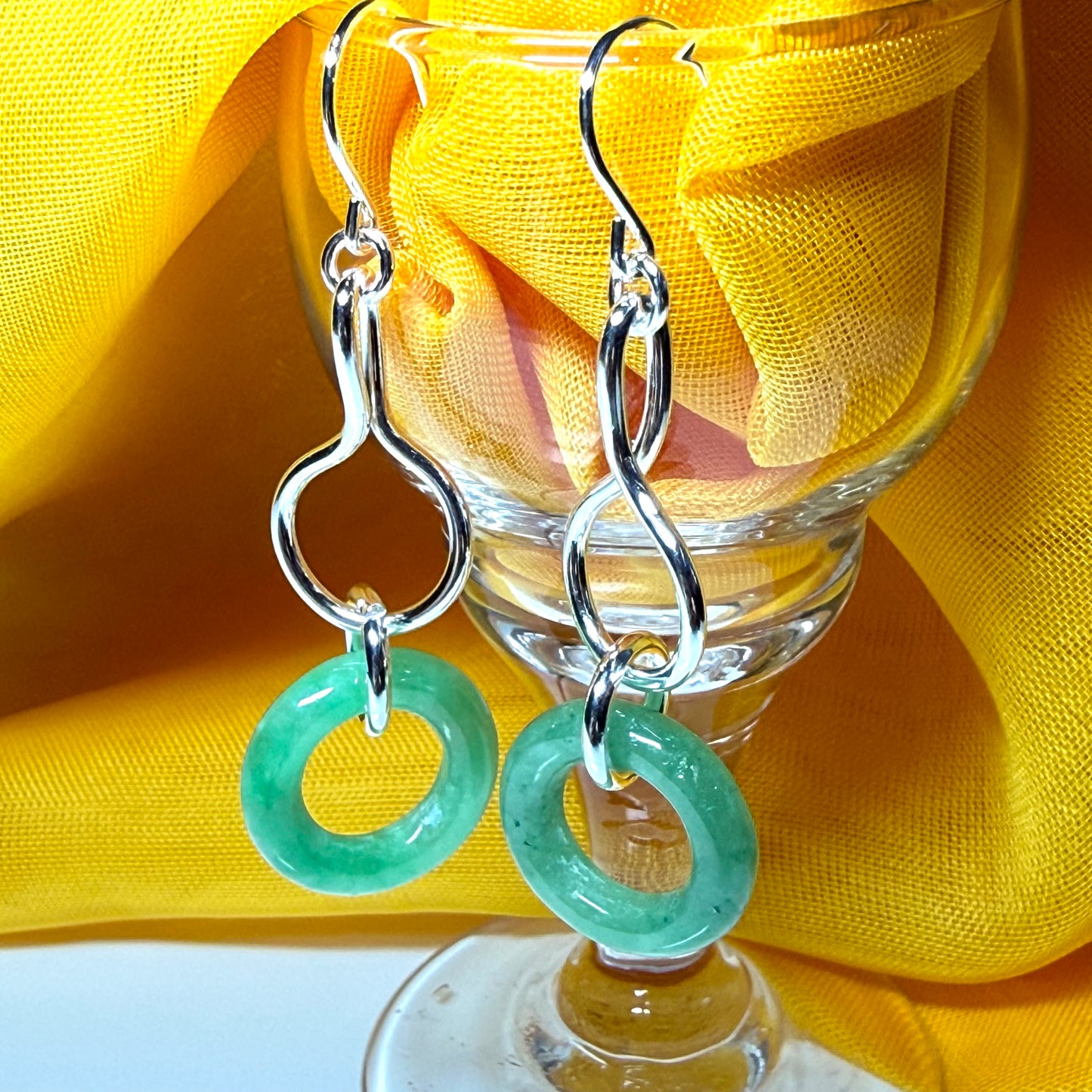 Pair of round real green jade sterling silver dangling dropped earrings, simply gorgeous