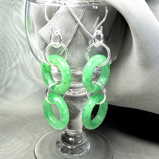 Pair of round shaped sterling silver real green jade double circle drop earrings