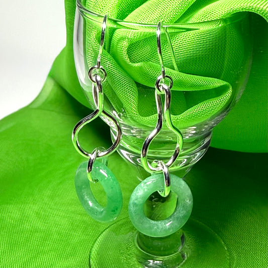 A rounded shaped real green jade sterling silver dangling dropped earrings