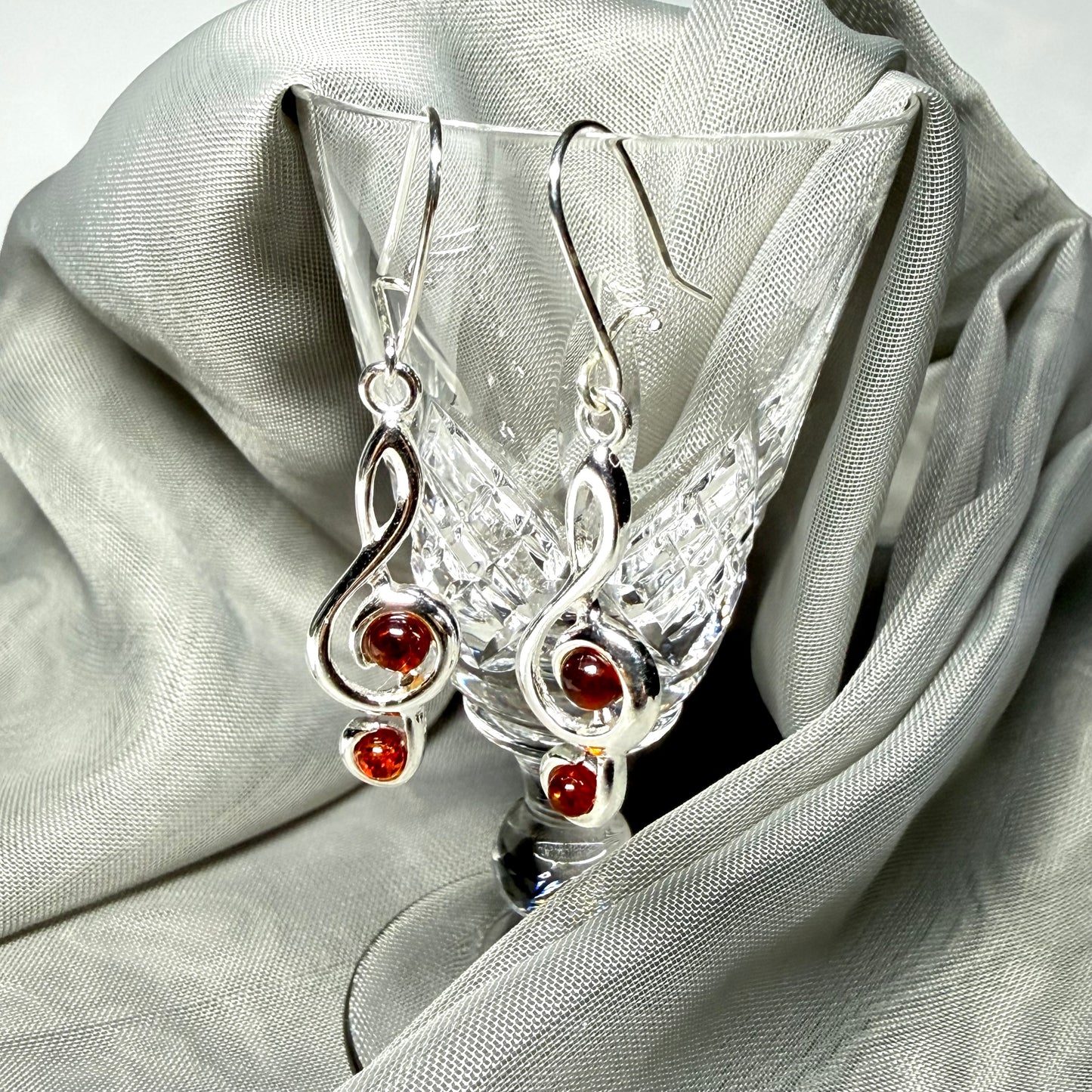 Treble clef real amber earrings drop sterling silver