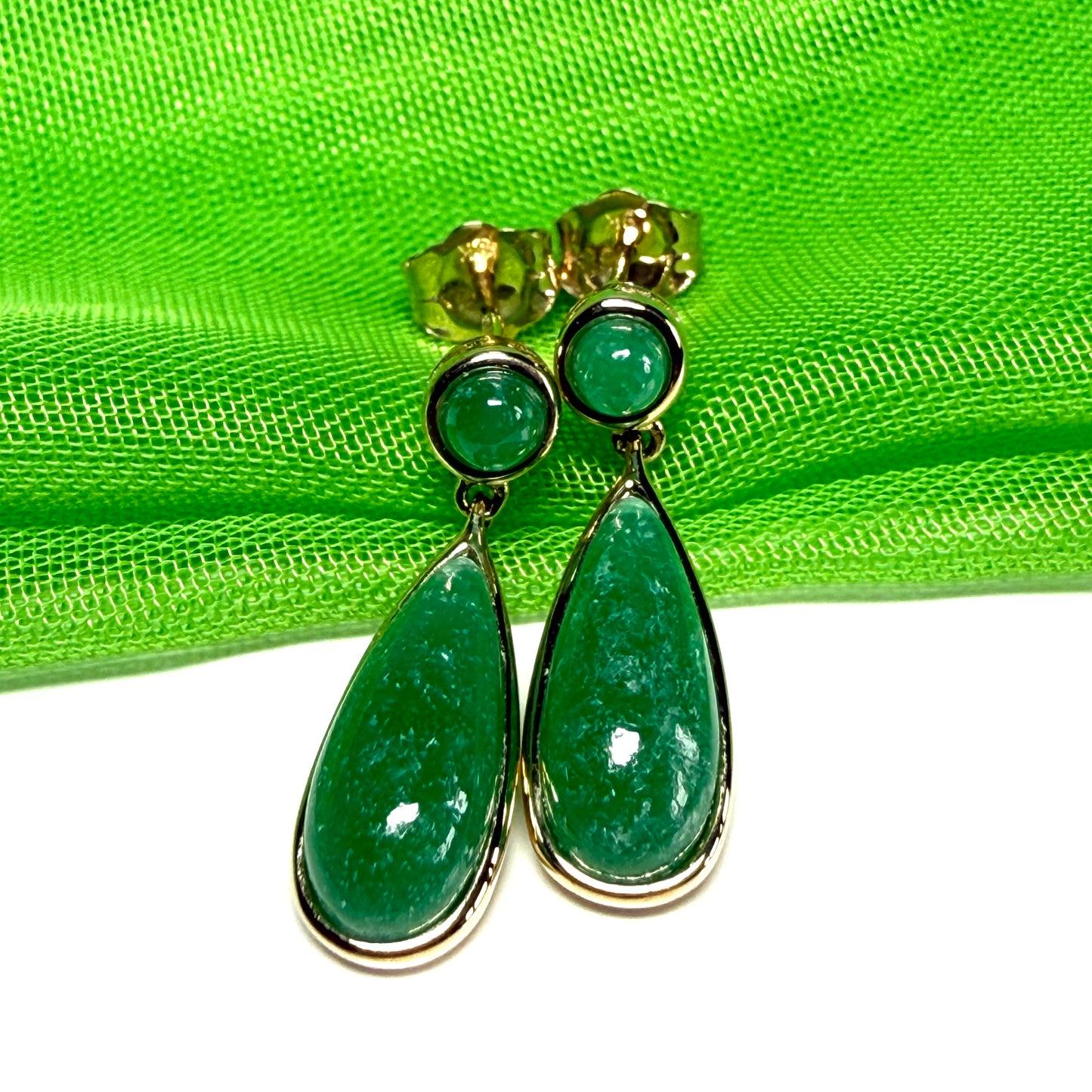 Real jade earrings drop double round and teardrop yellow gold drop design