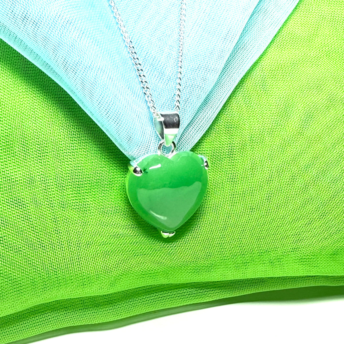 Pendant heart shape sterling silver real green jade stone necklace with a chain included as well