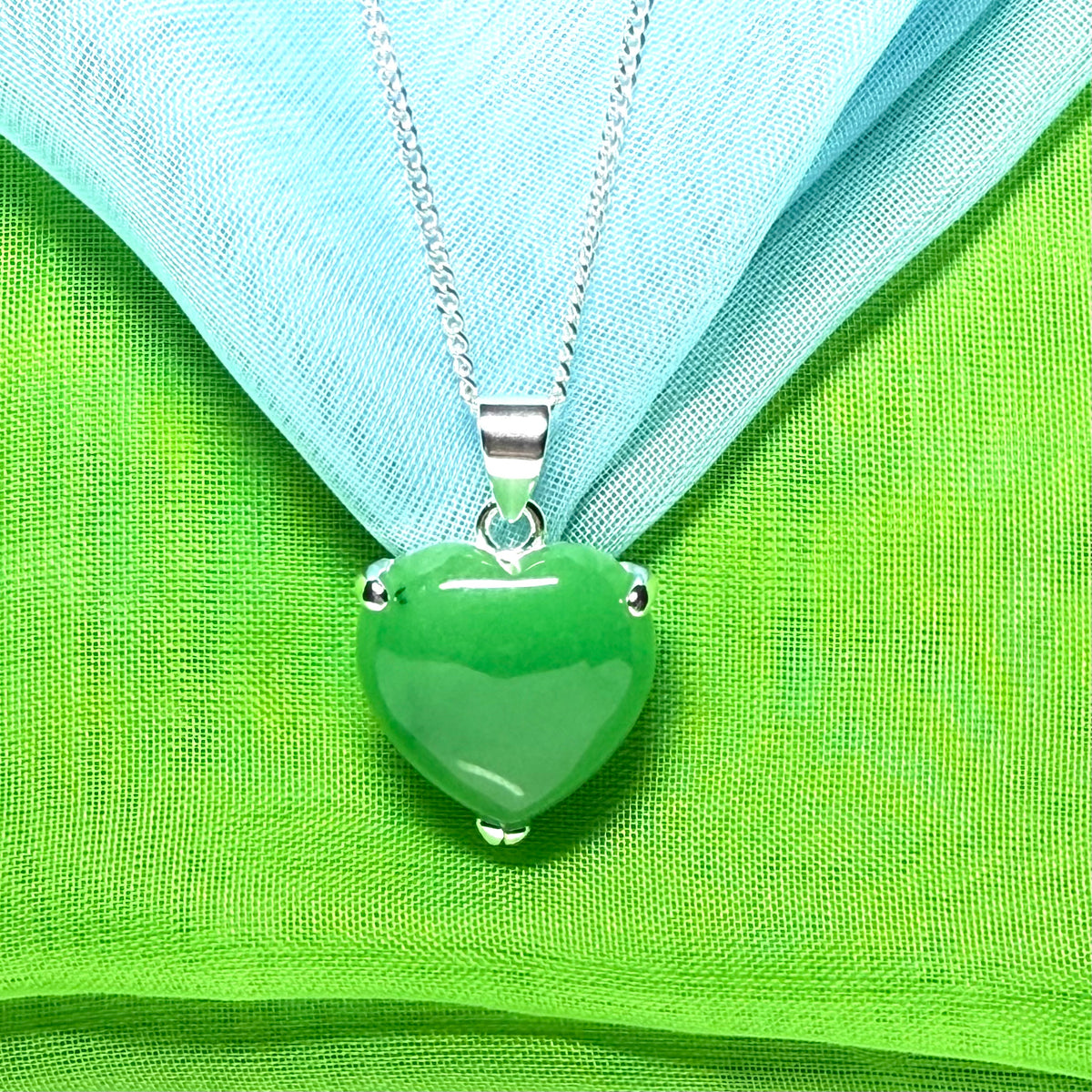 Pendant heart shape sterling silver real green jade stone necklace with a chain included as well