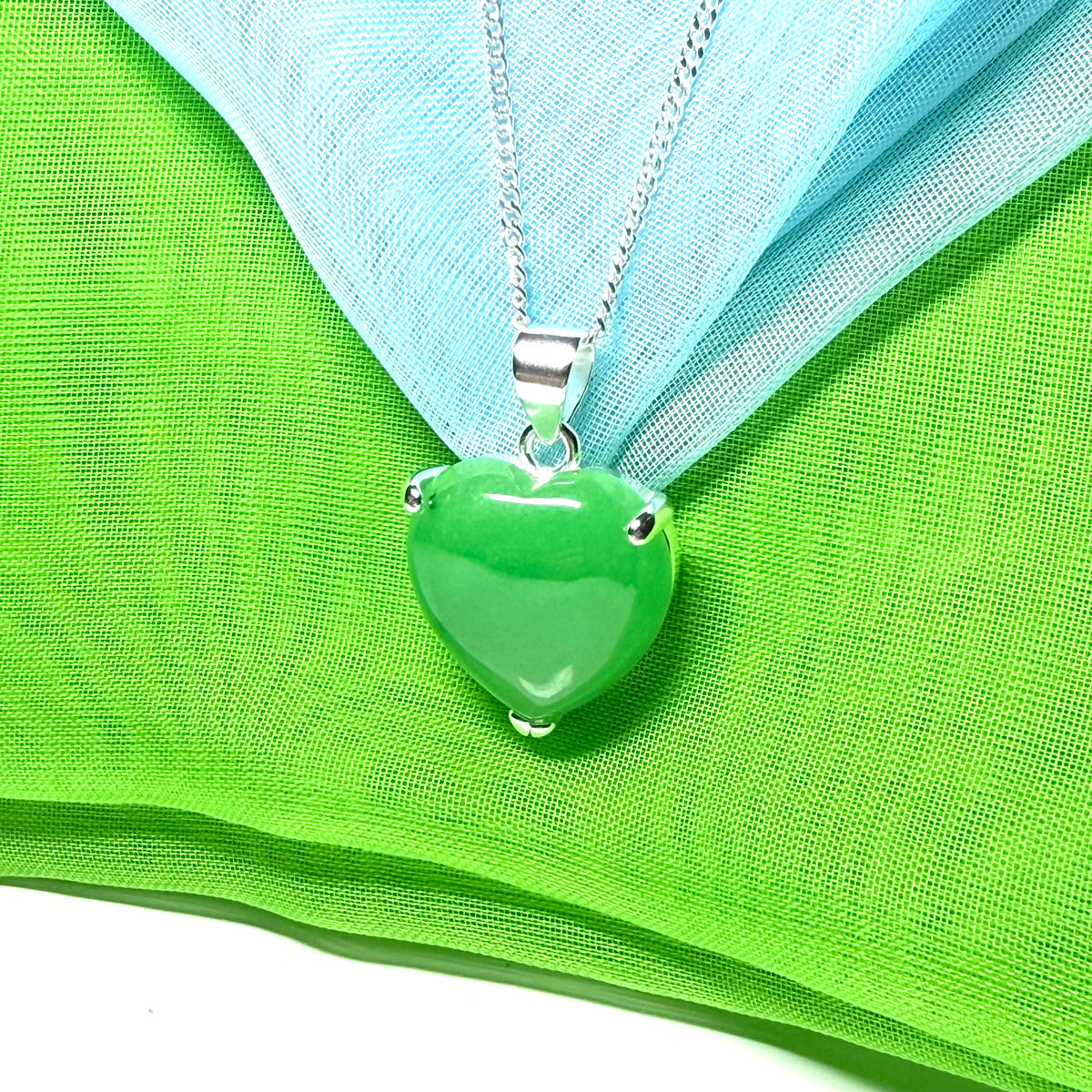 Pendant heart shape sterling silver real green jade stone necklace with a chain included as well