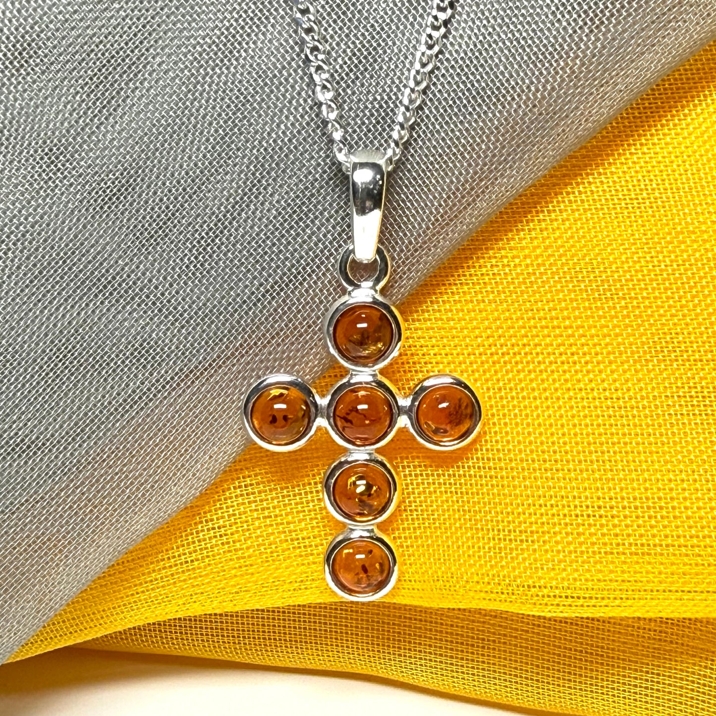 Real amber cross necklace sterling silver pendant with chain included
