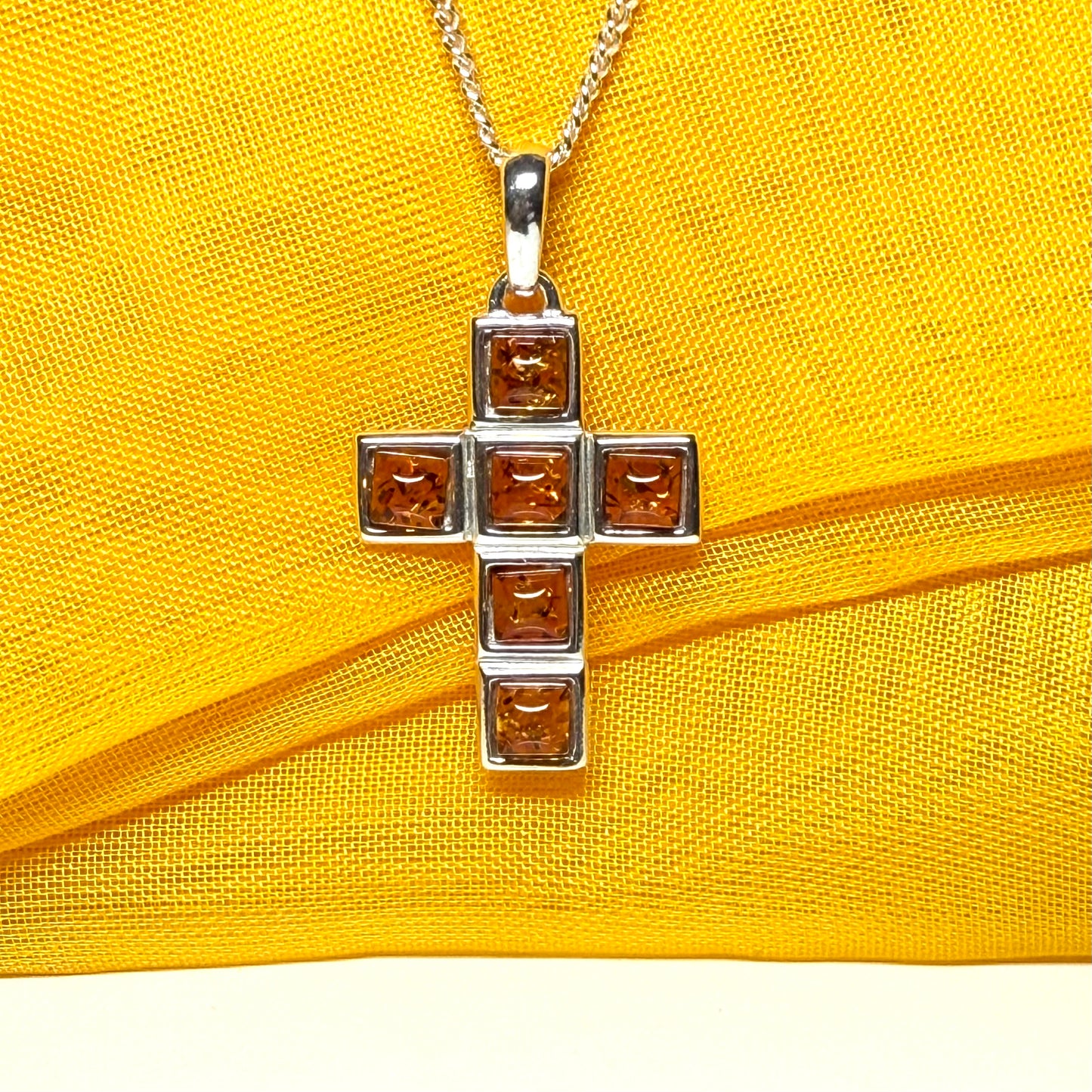 Real amber cross necklace sterling silver square pendant with chain