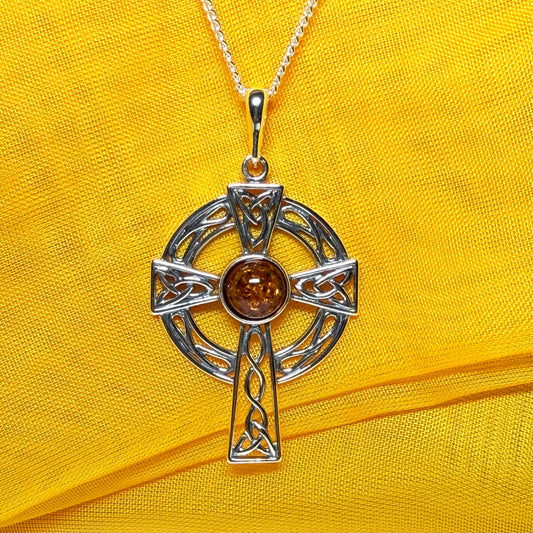 Real amber sterling silver Celtic cross including chain