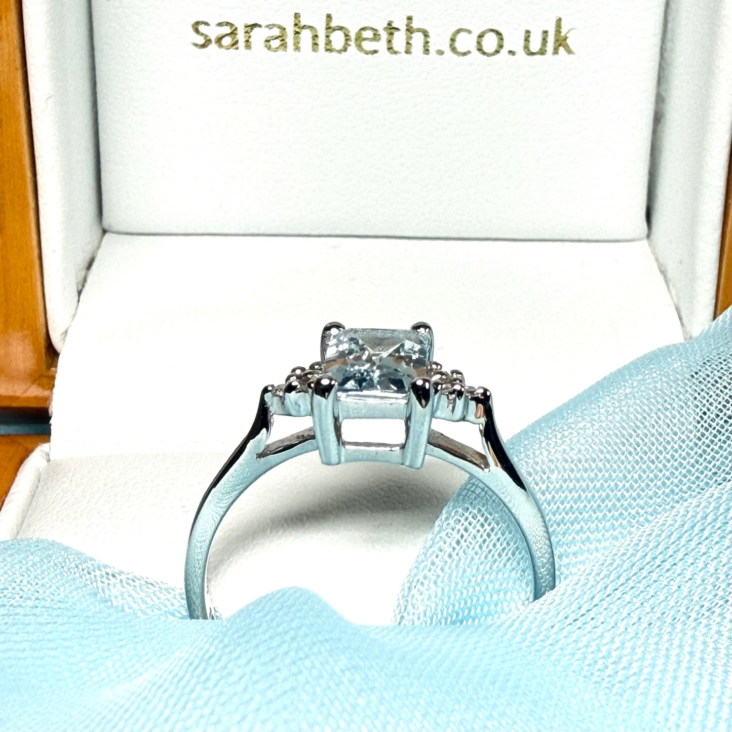 Real aquamarine and diamond white gold squared dress ring