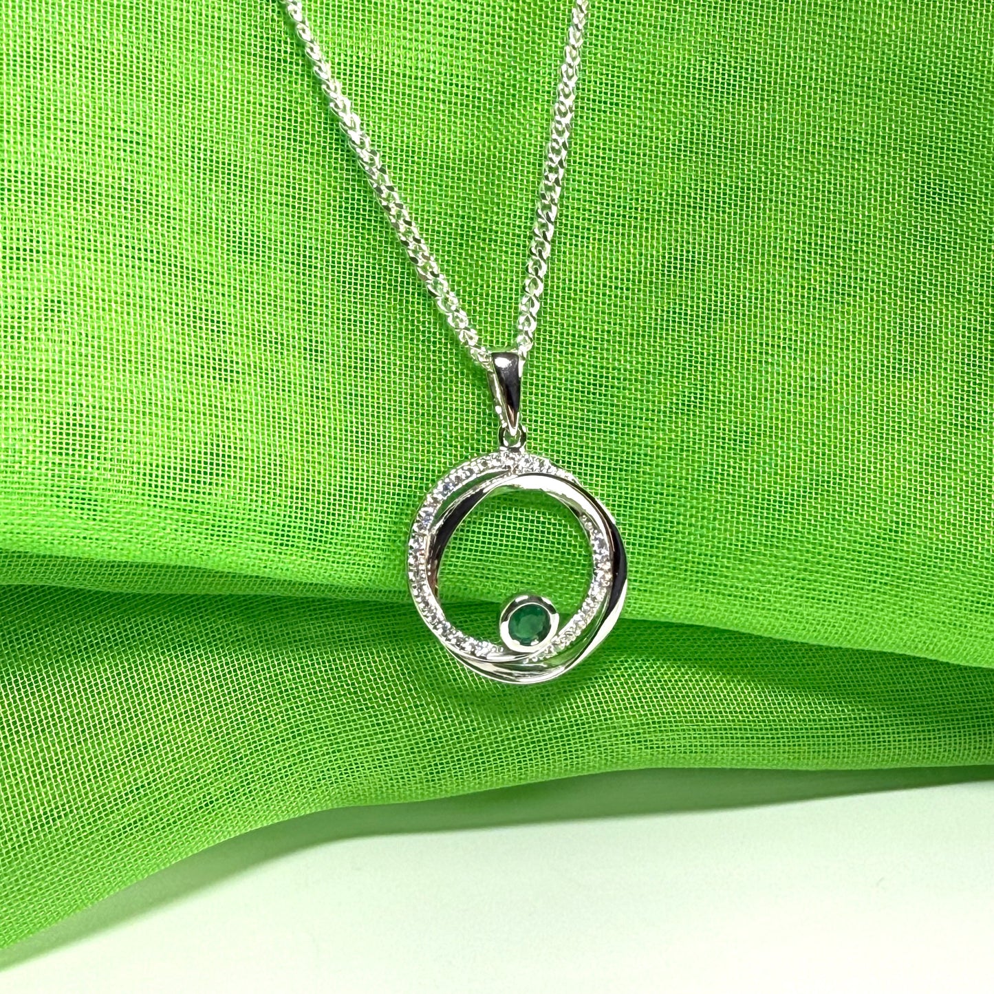 Real green emerald and cubic zirconia round necklace swirl pendant