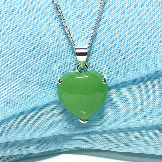 Real green jade necklace heart shaped sterling silver with chain