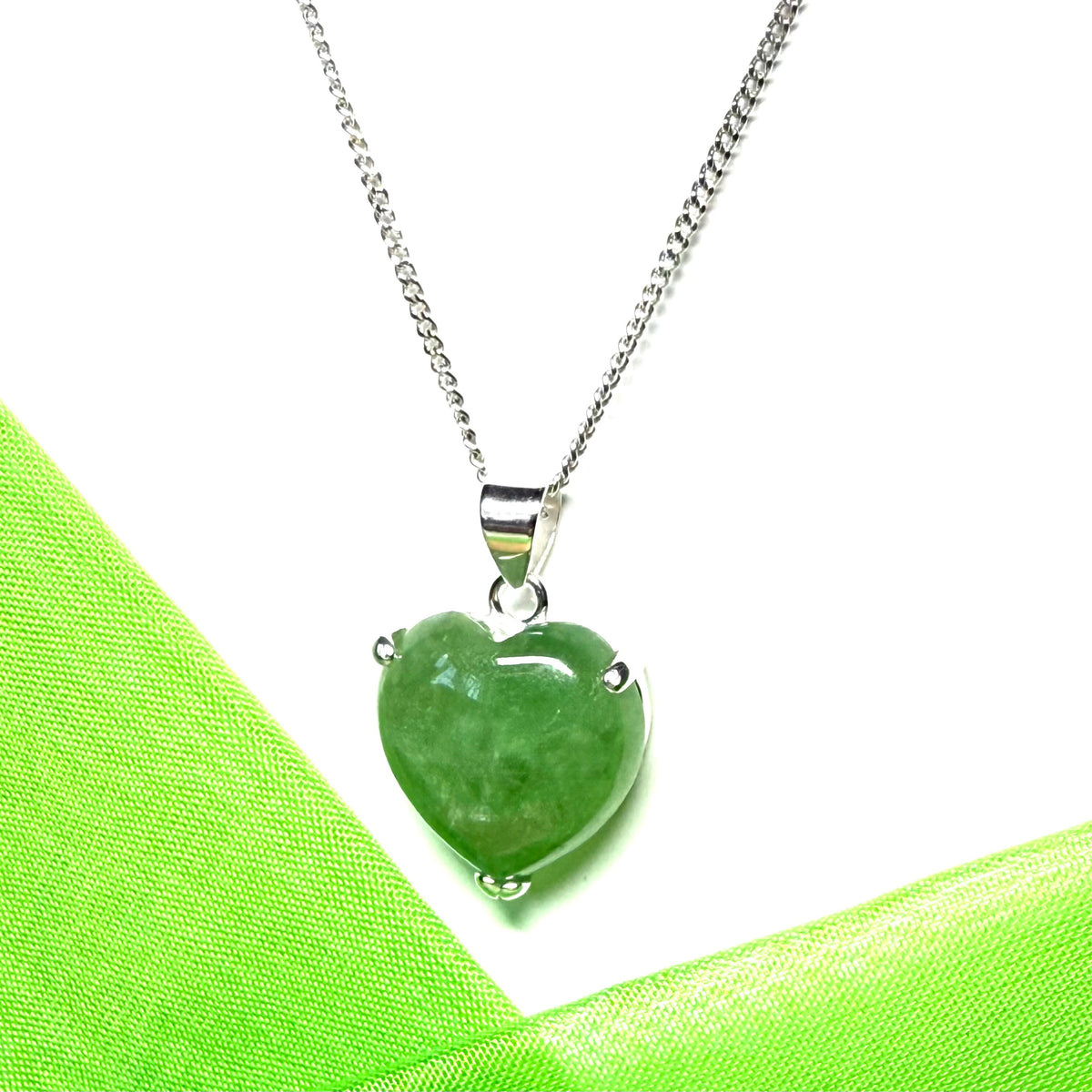 A real green jade pendant necklace heart shape sterling silver with chain
