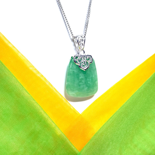 Real jade necklace light green sterling silver large cushion shaped, a beautiful pendant