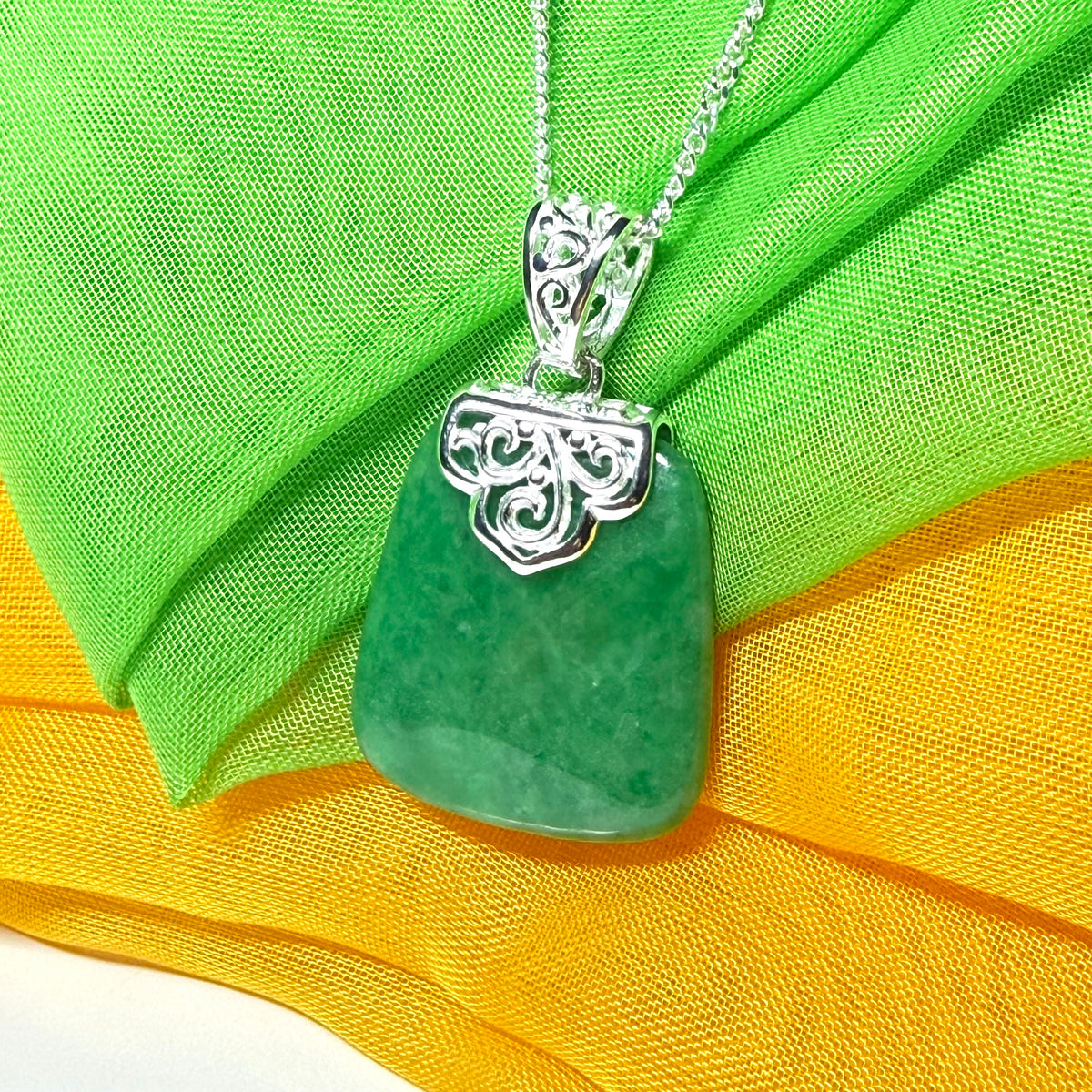 Real jade necklace light green sterling silver large cushion shaped pendant