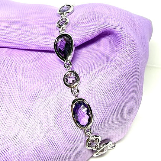 Real purple amethyst pear, oval and round shaped sterling silver fancy bracelet