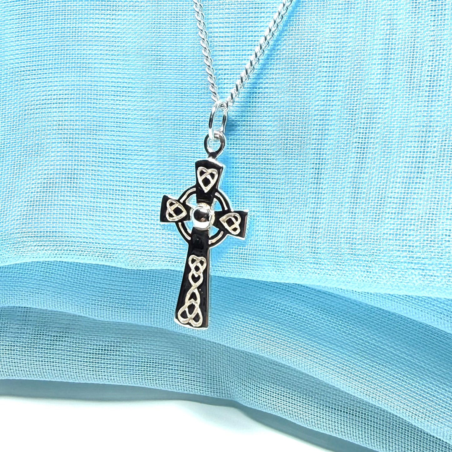 Small Patterned Sterling Silver Celtic Cross Including Chain