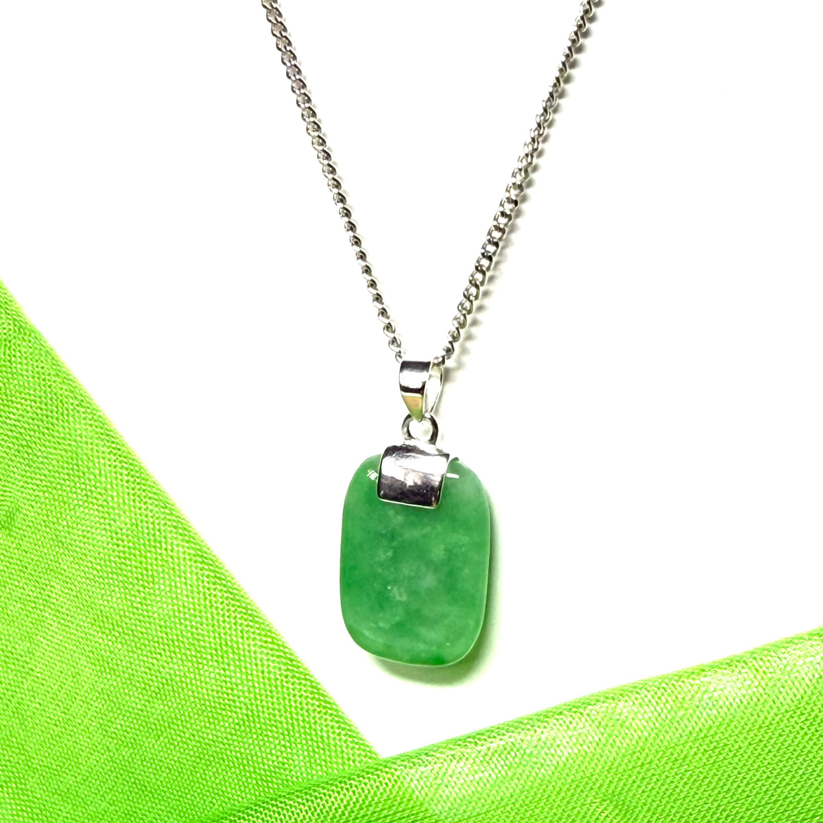 Sterling silver cushion shape real green jade necklace pendant with a chain