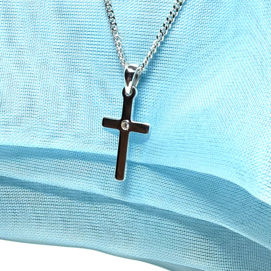 Diamond set cross solid sterling silver polished necklace