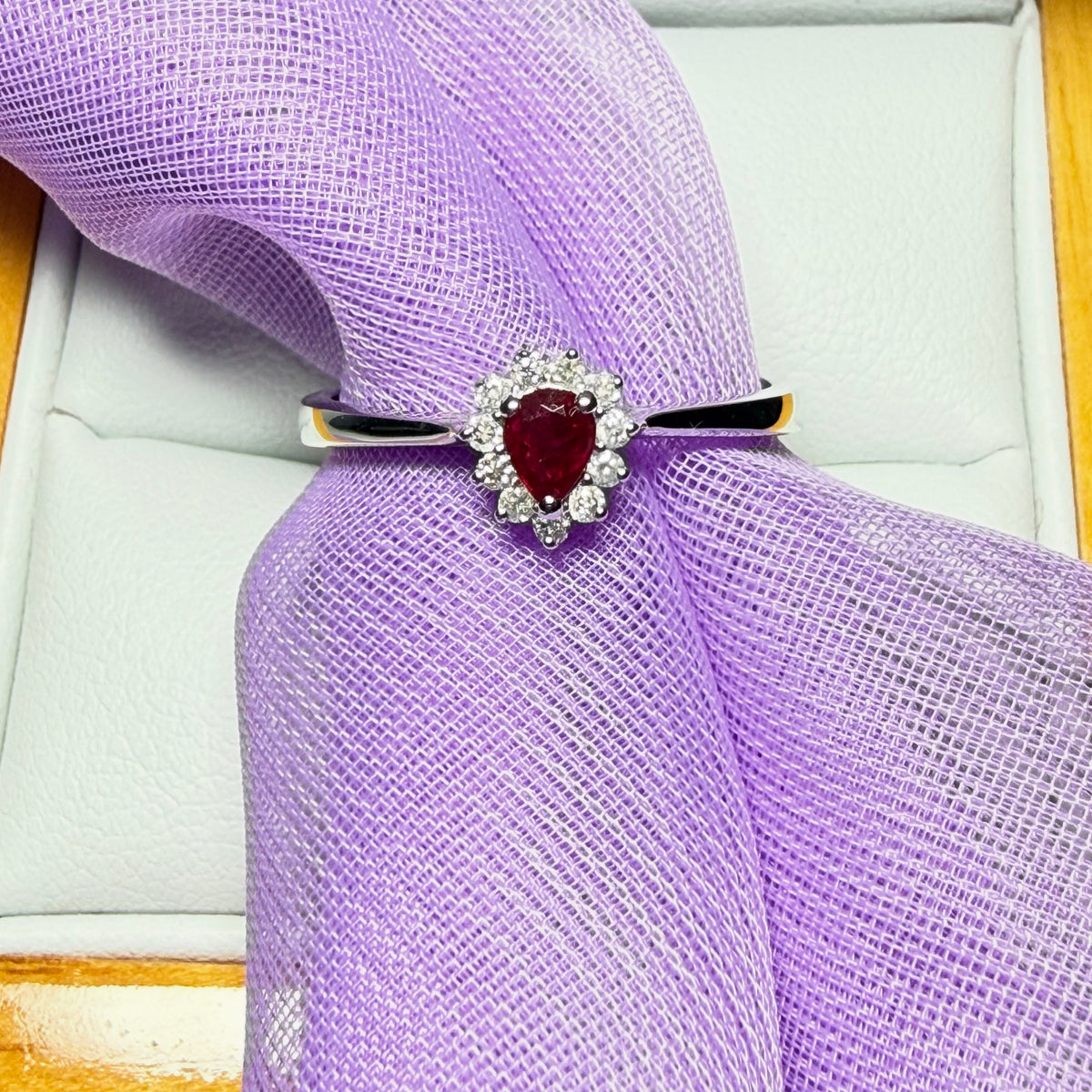 White gold real ruby and real diamond pear teardrop shaped small cluster ring