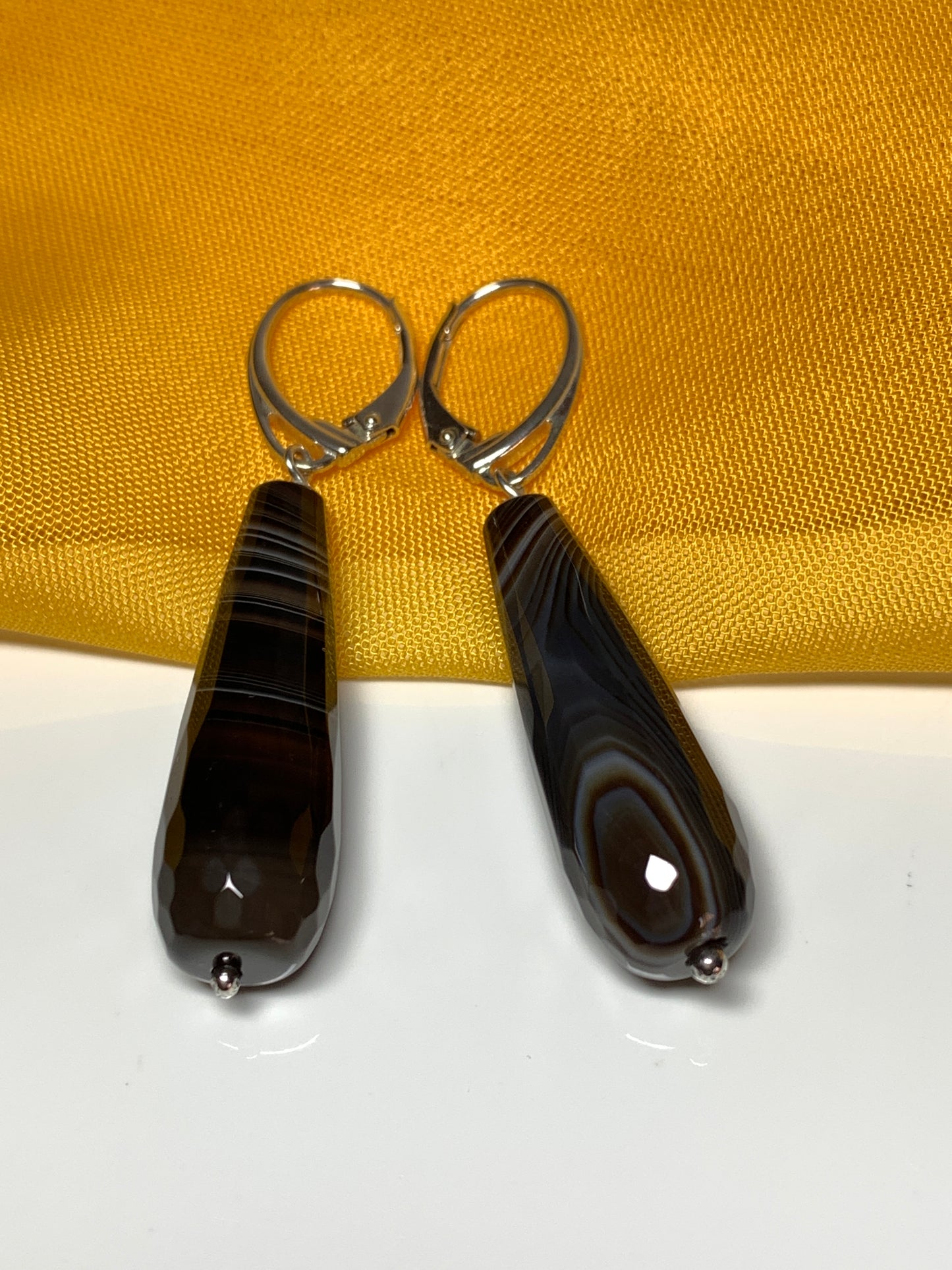 Agate brown teardrop shaped long drop earrings continental fittings