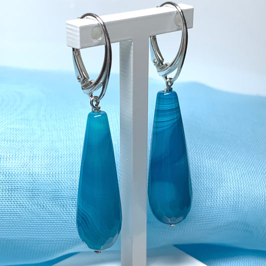 Agate light blue teardrop shaped long drop earrings