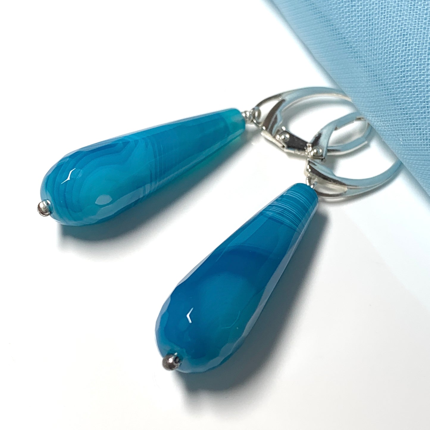 Agate light blue teardrop shaped long drop earrings