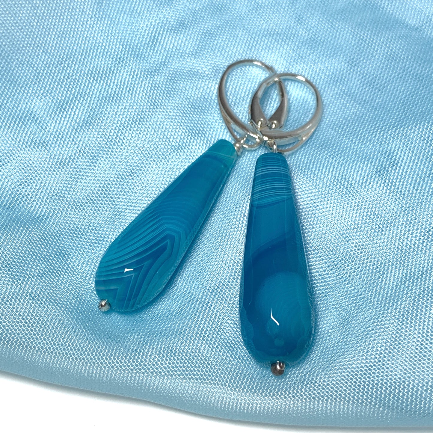 Agate light blue teardrop shaped long drop earrings