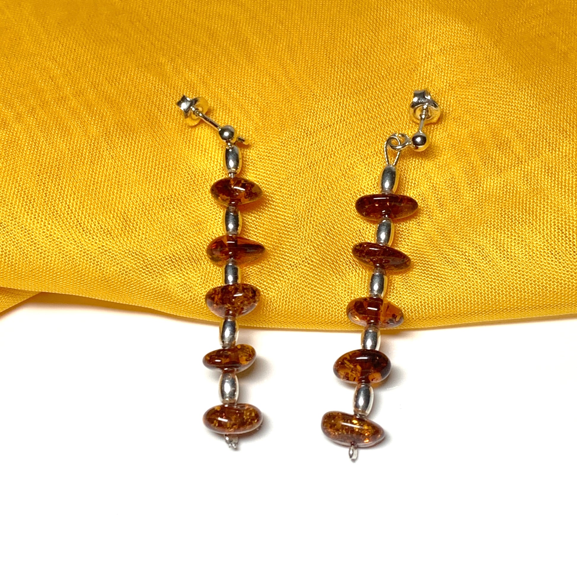 Real amber long drop earrings sterling silver