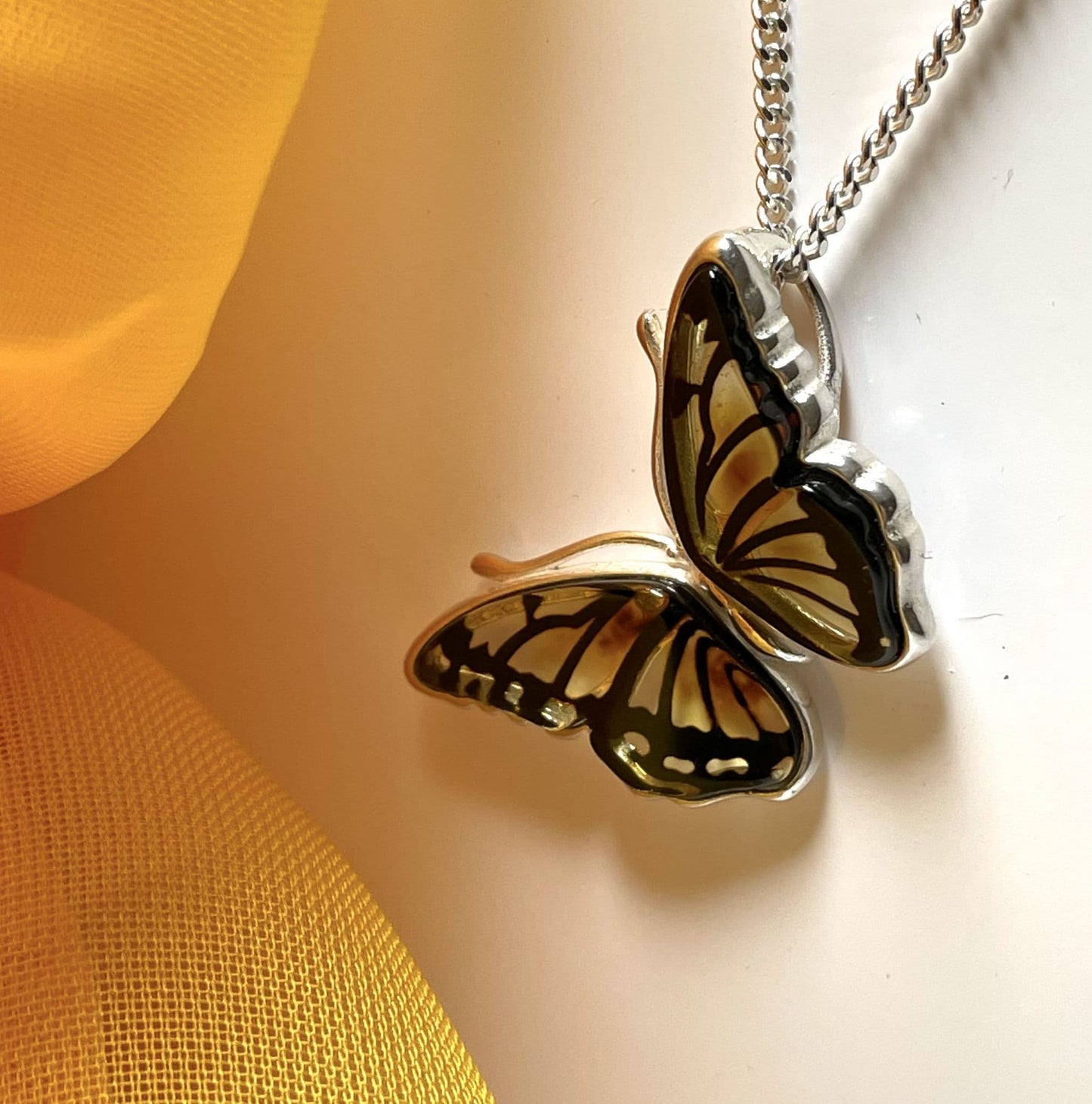 Amber Sterling Silver Butterfly Necklace Pendant