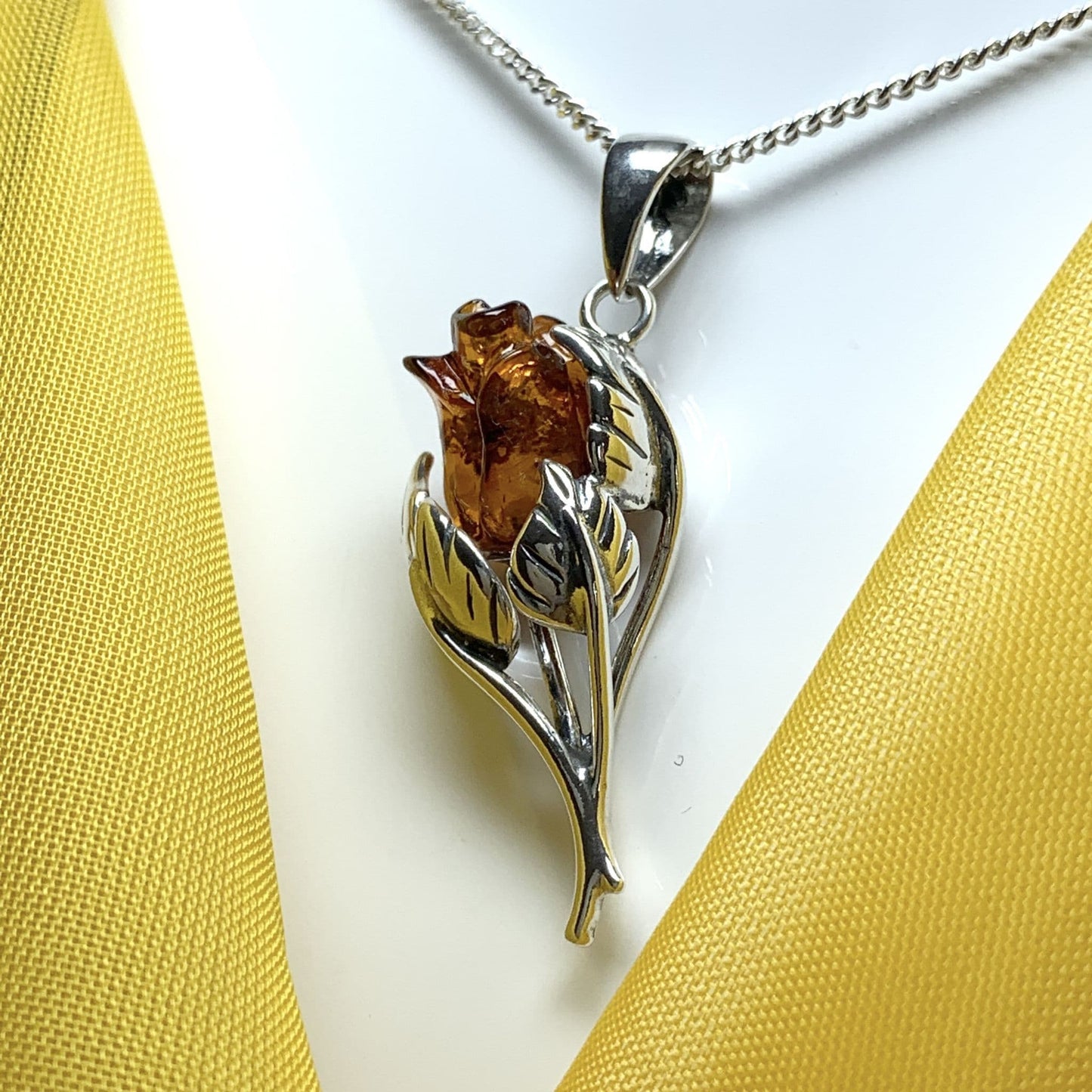 Amber Sterling Silver Rose Round Pendent Necklace