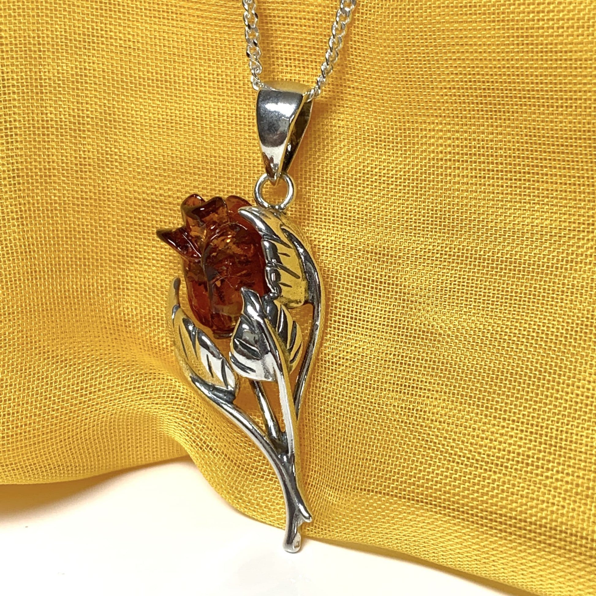 Amber Sterling Silver Rose Round Pendent Necklace