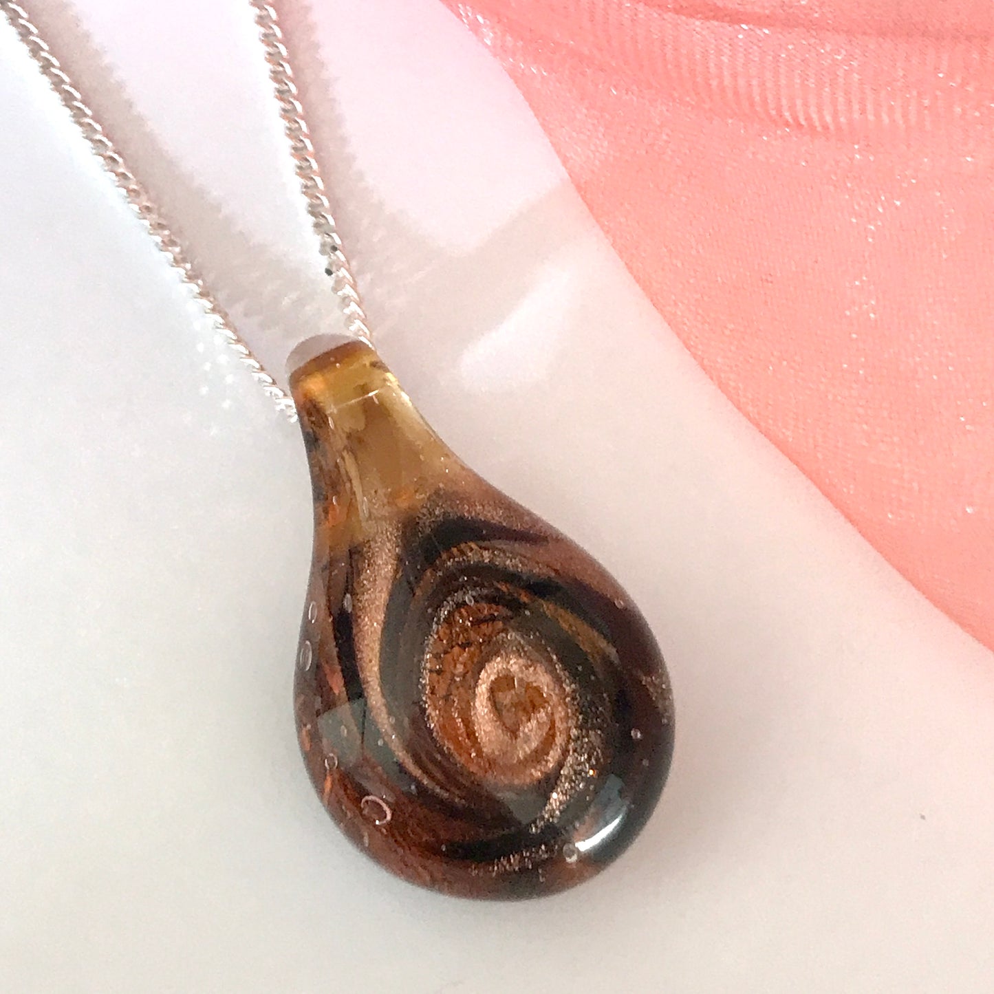 Amber coloured real Murano glass necklace tear drop pendant