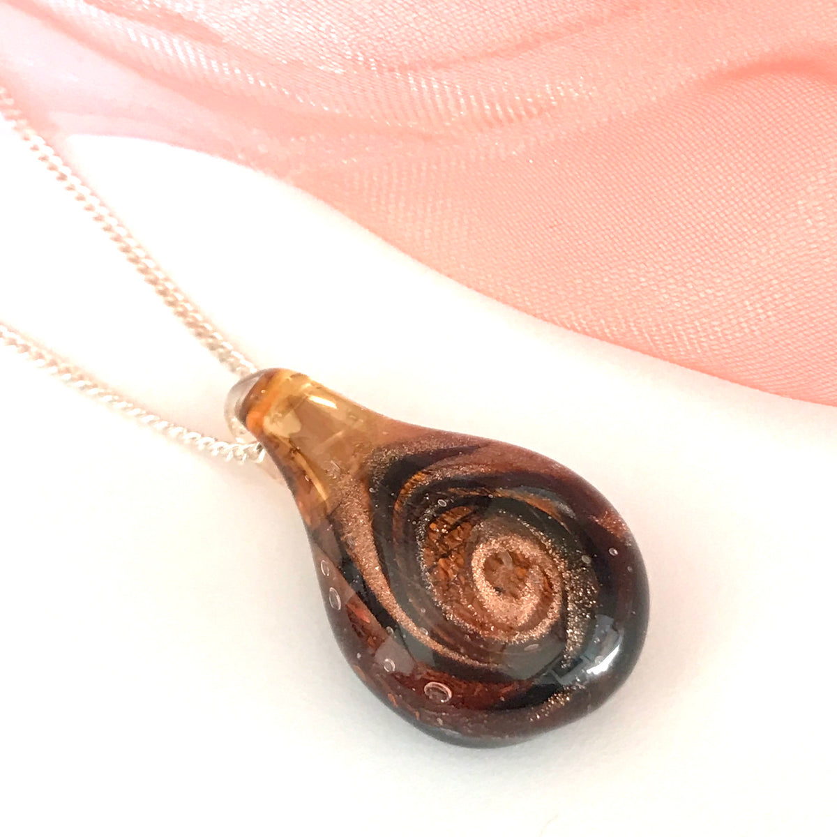Amber coloured real Murano glass necklace tear drop pendant