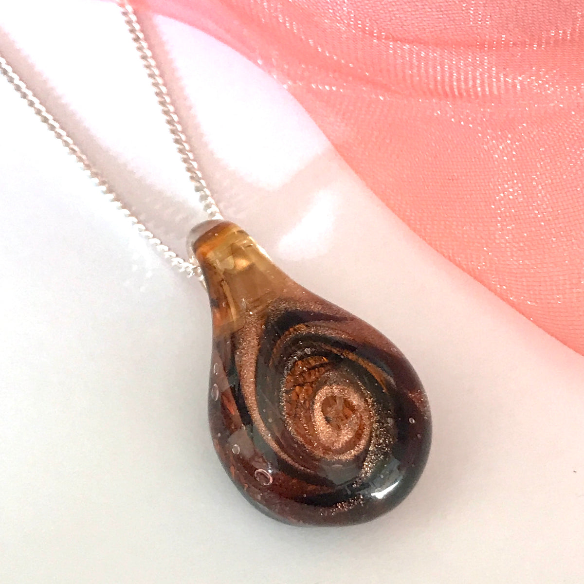 Amber coloured real Murano glass necklace tear drop pendant