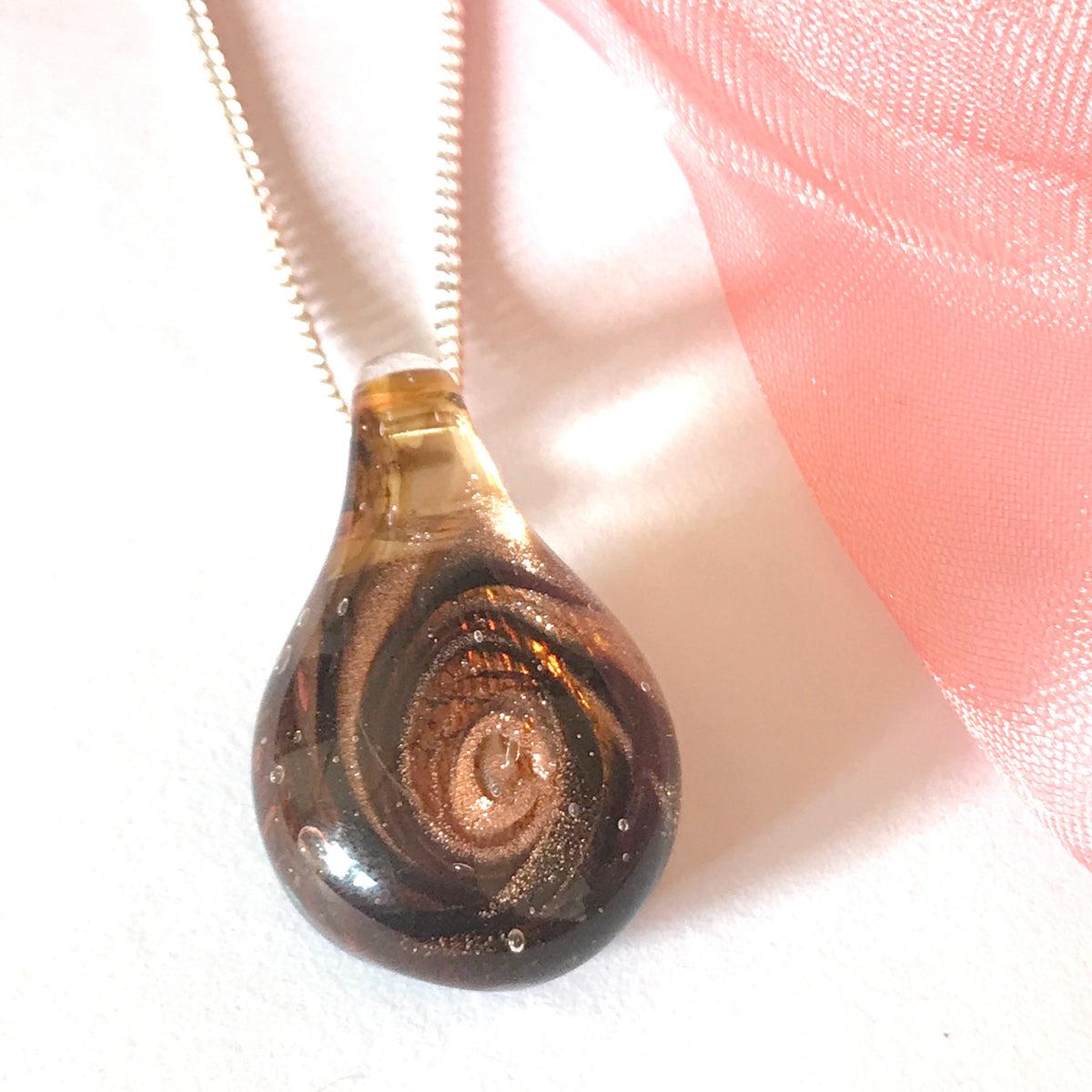 Amber coloured real Murano glass necklace tear drop pendant