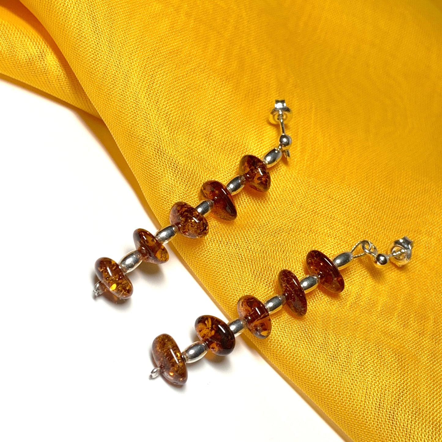 Real amber long drop earrings sterling silver
