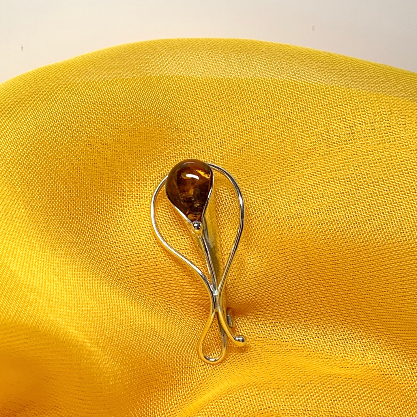 Real amber brooch sterling silver fancy swirl