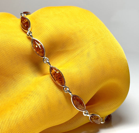 Real amber bracelet marquise cut sterling silver bracelet