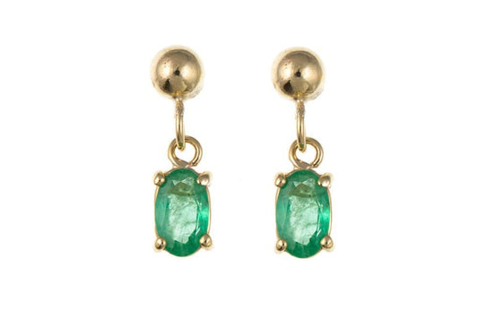 An oval cut yellow gold green real emerald drop earrings
