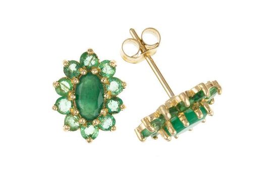 An Oval shaped yellow gold green emerald cluster stud earrings