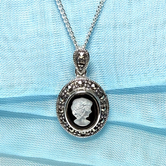 Oval Cameo necklace sterling silver black onyx and white Mother of Pearl