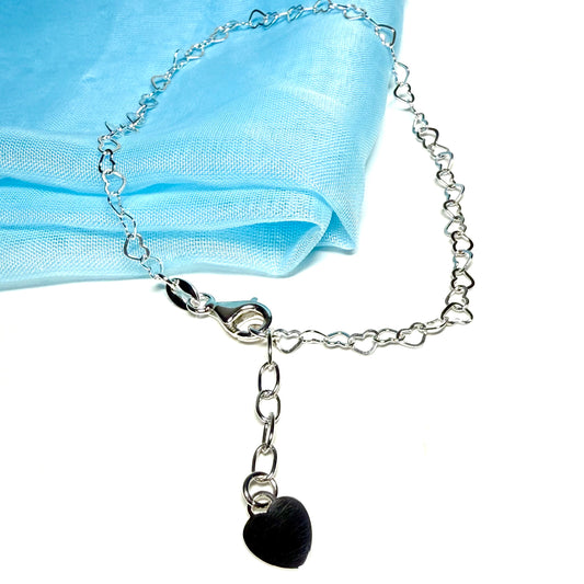 Anklet Sterling Silver Fancy Heart Shaped Link Solid Ladies Ankle Chain With Heart Charm On The End